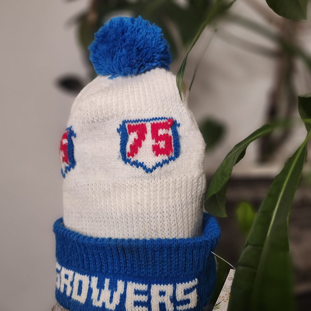Vintage 70s 80s Blue and White Pom Pom Beanie Touque - Picture 2 of 2